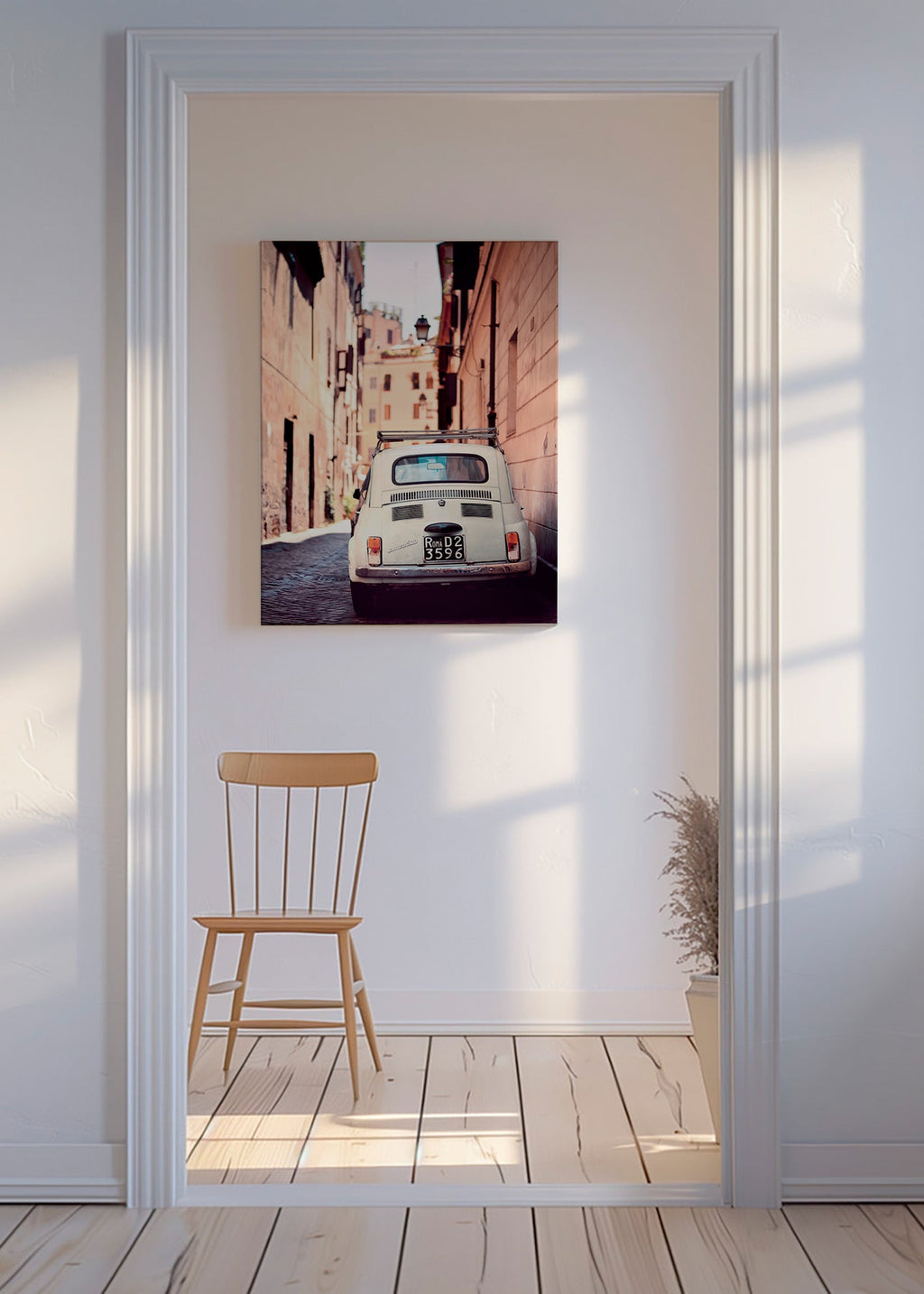 Travel poster featuring a classic car on a Roman street – Canvas