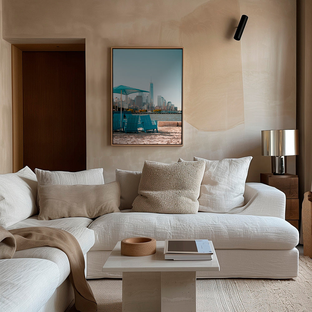 Travel poster with turquoise beach chairs and city skyline – Canvas2