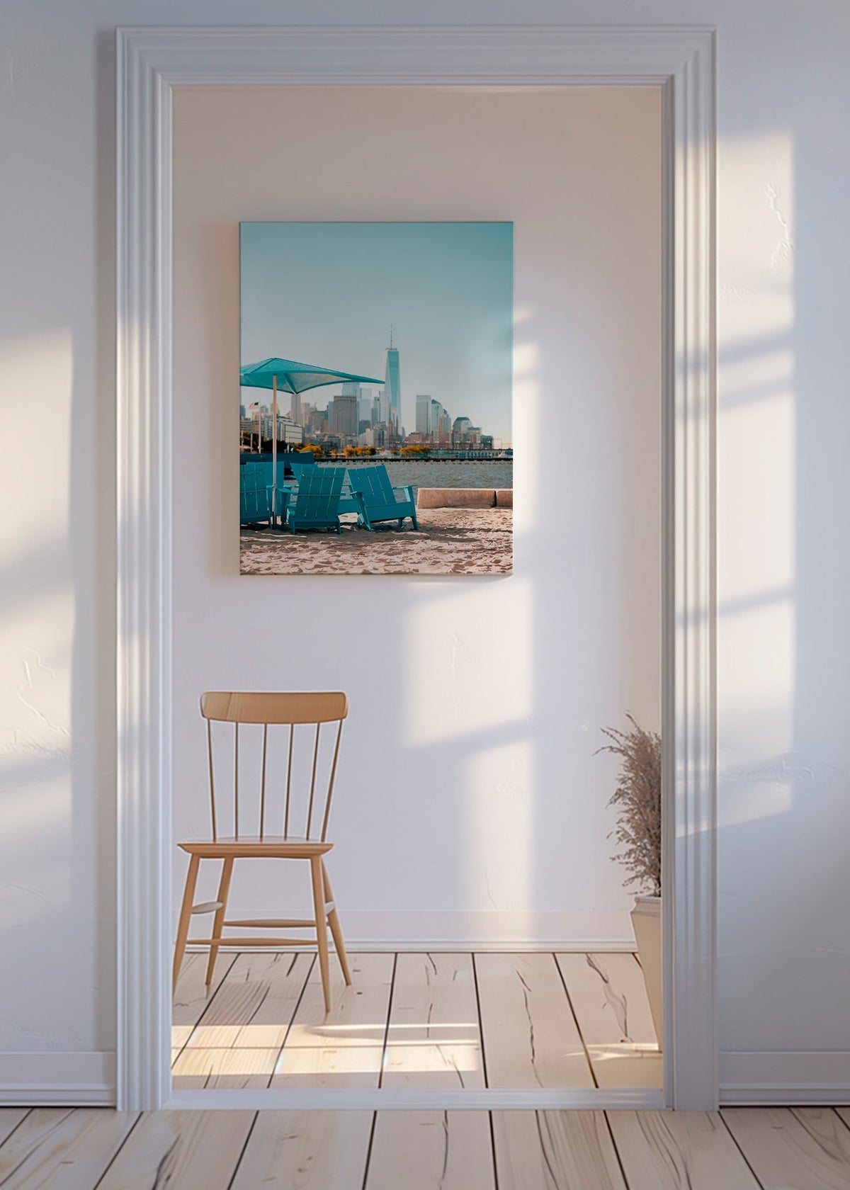Travel poster with turquoise beach chairs and city skyline – Canvas