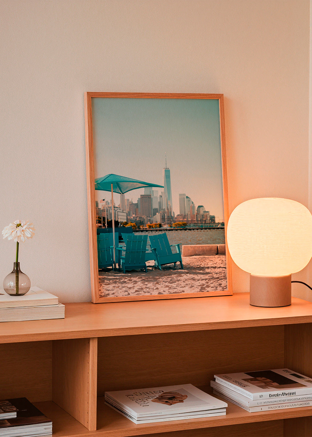 Travel poster with turquoise beach chairs and city skyline – Product2