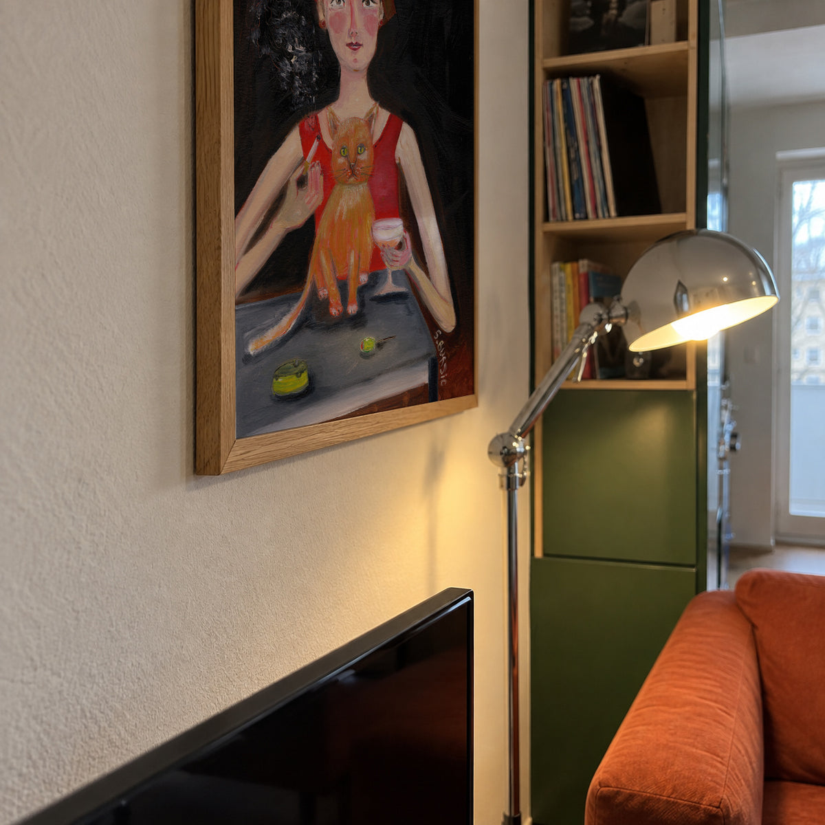 Vintage woman with cocktail and cat - Framed poster detail