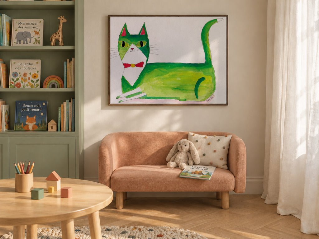 The green cat - Framed canvas in an interior