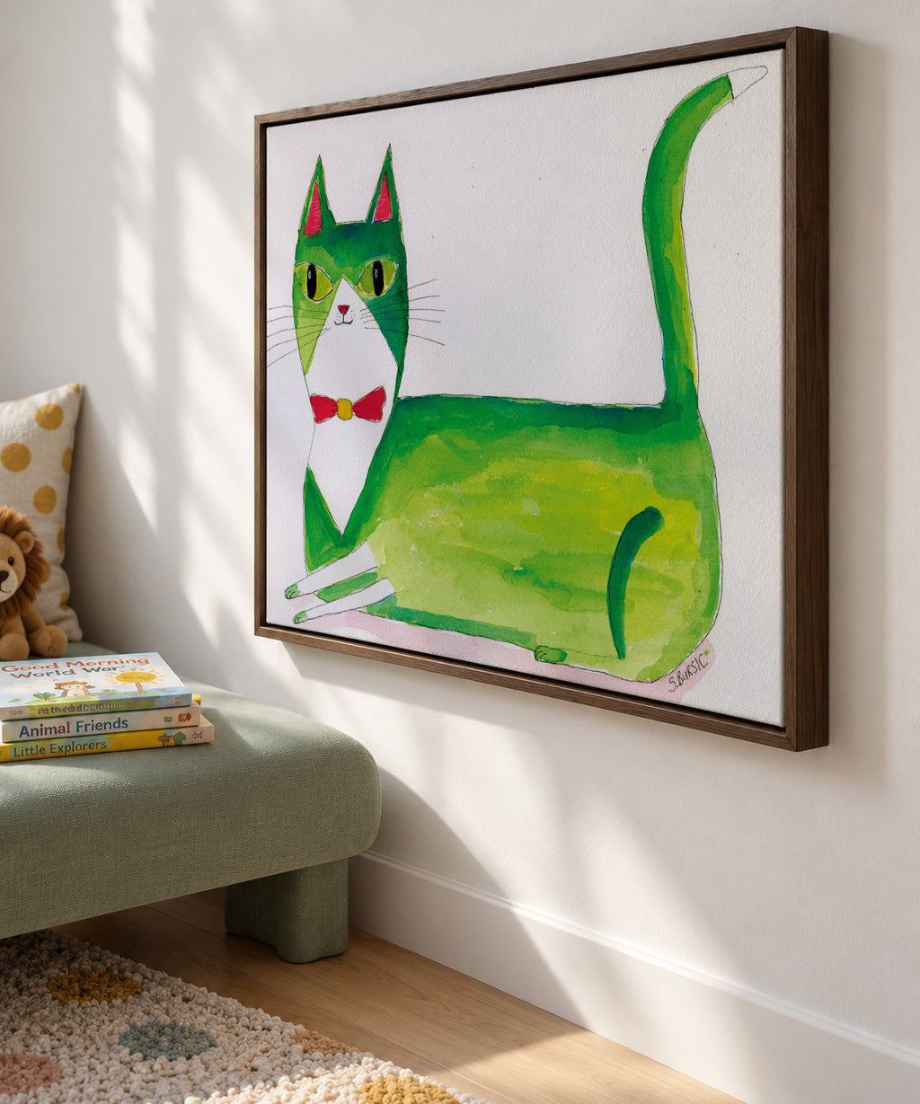 The green cat - Framed canvas in an interior