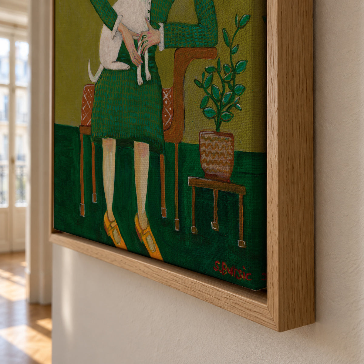 Vintage Lady with her white dog - Framed canvas detail