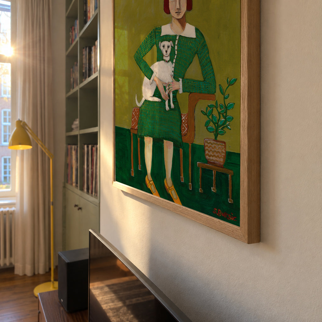 Vintage Lady with her white dog - Framed poster detail
