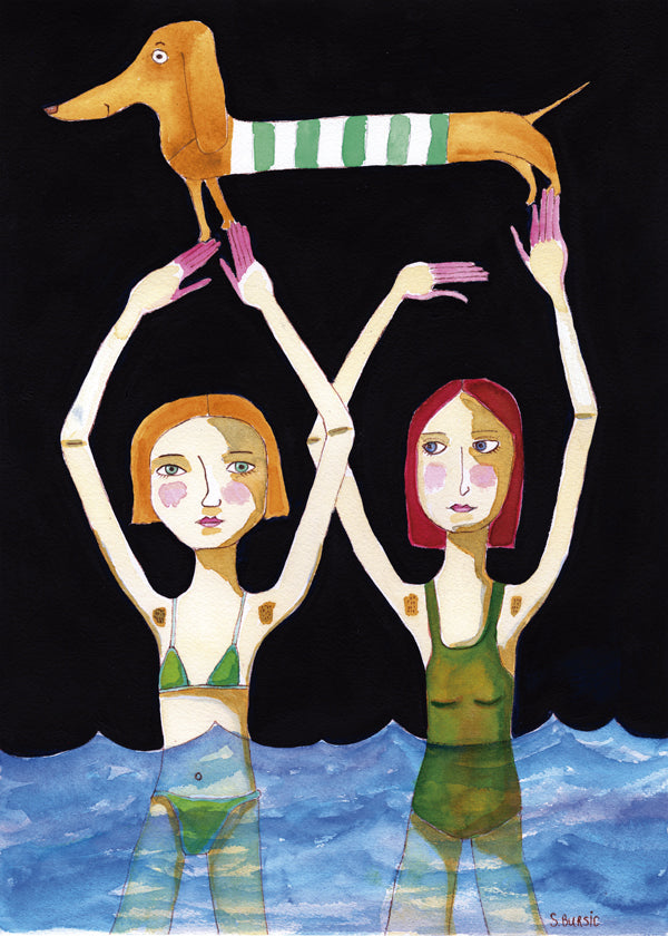 Swimming Girls with Sausage Dog - Sharyn Bursic