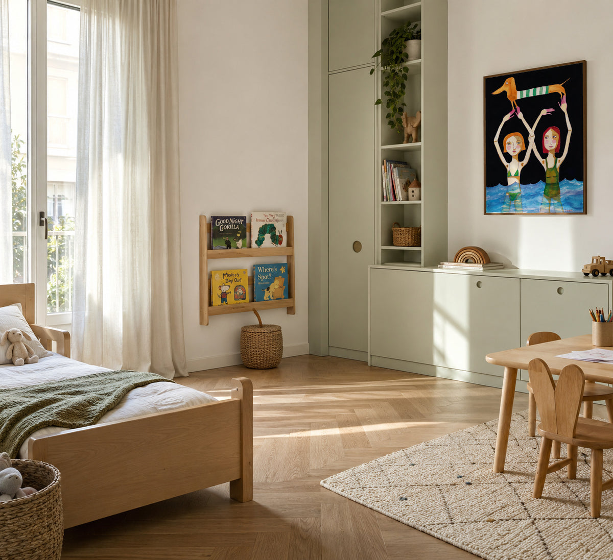 Swimming Girls with Sausage Dog - Framed poster in an interior