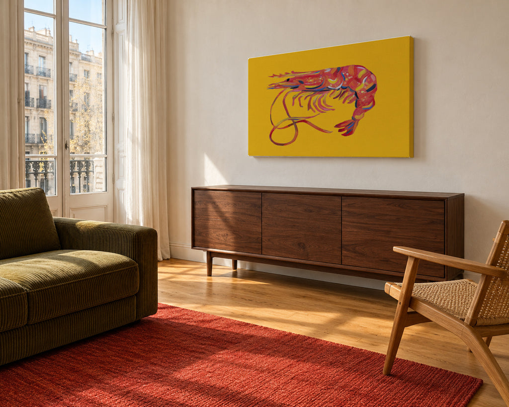 Prawn On Yellow - Unframed canvas in an interior
