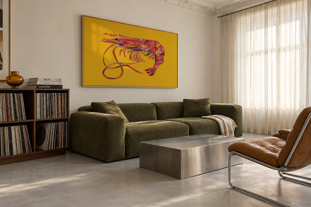 Prawn On Yellow - Framed canvas in an interior