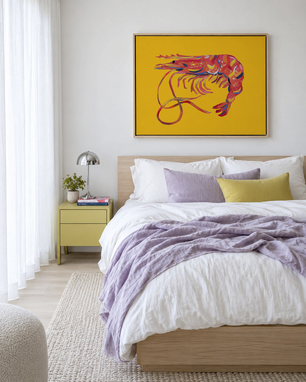 Prawn On Yellow - Framed canvas in an interior