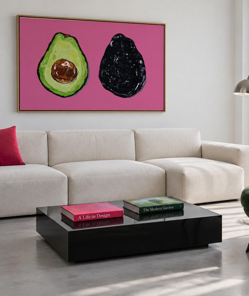 Avocado On Pink - Framed canvas in an interior