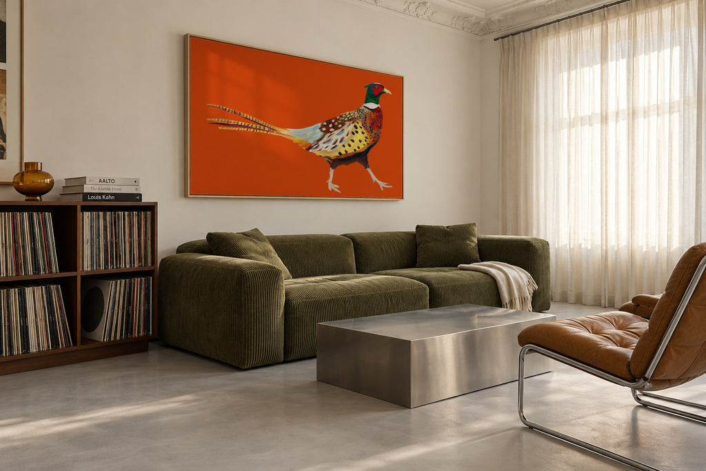 Strutting Pheasant On Orange - Framed canvas in an interior
