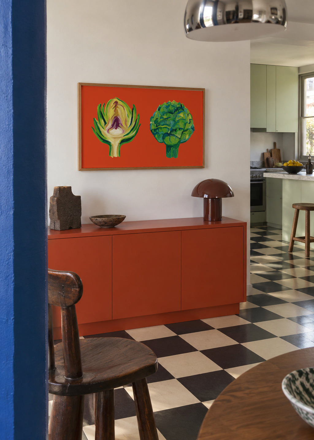 Artichokes On Orange - Framed poster in an interior