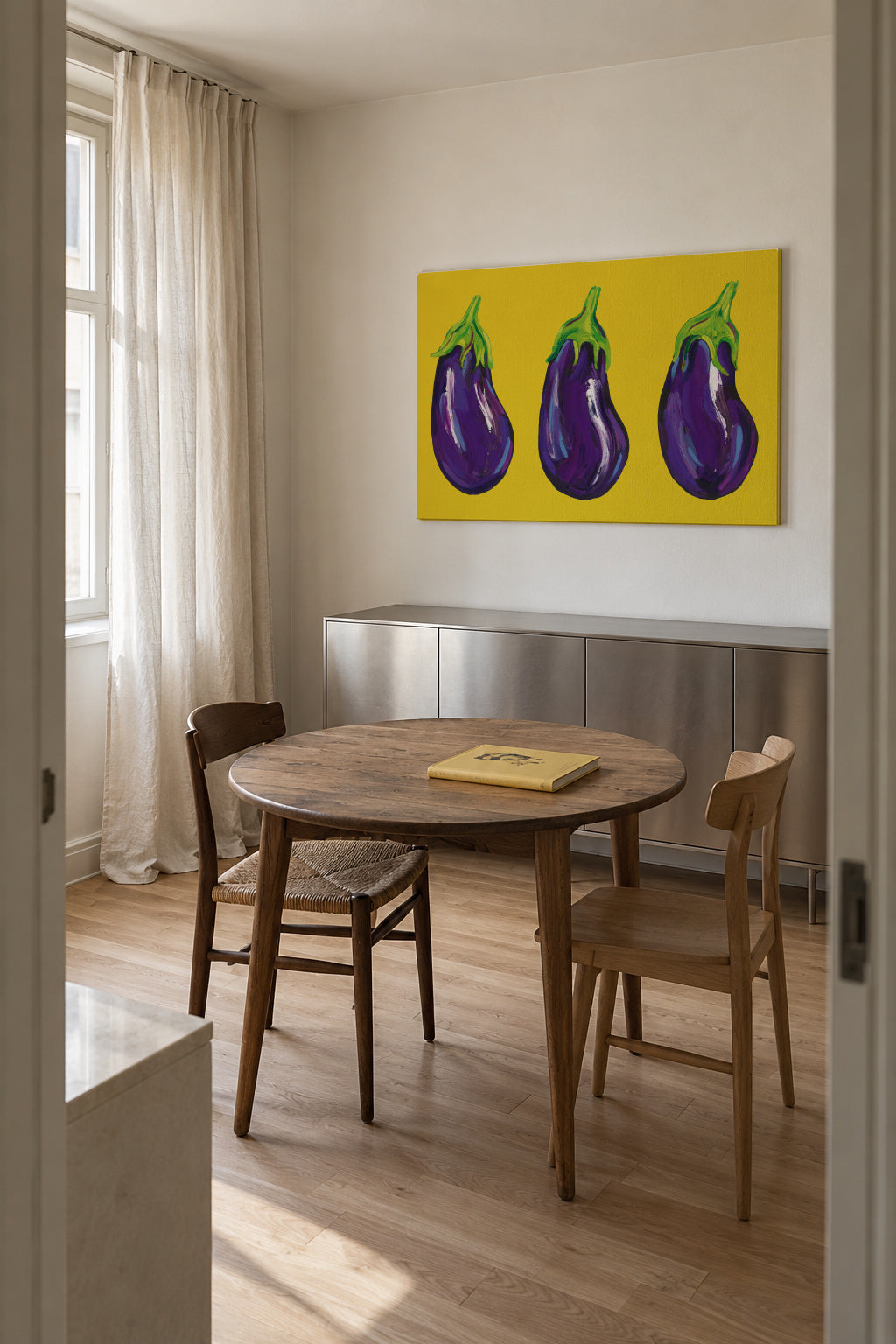 Aubergines On Yellow - Unframed canvas in an interior