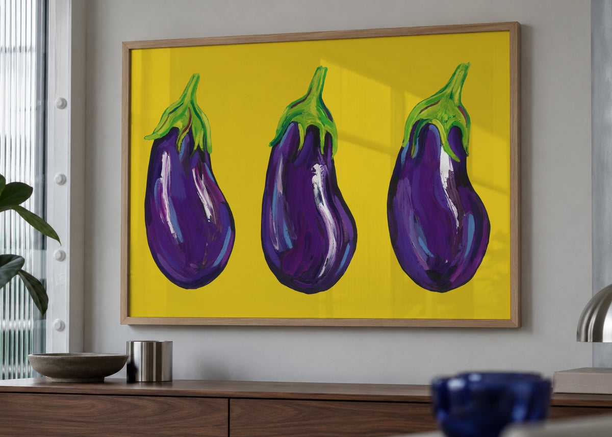 Aubergines On Yellow - Framed poster in an interior