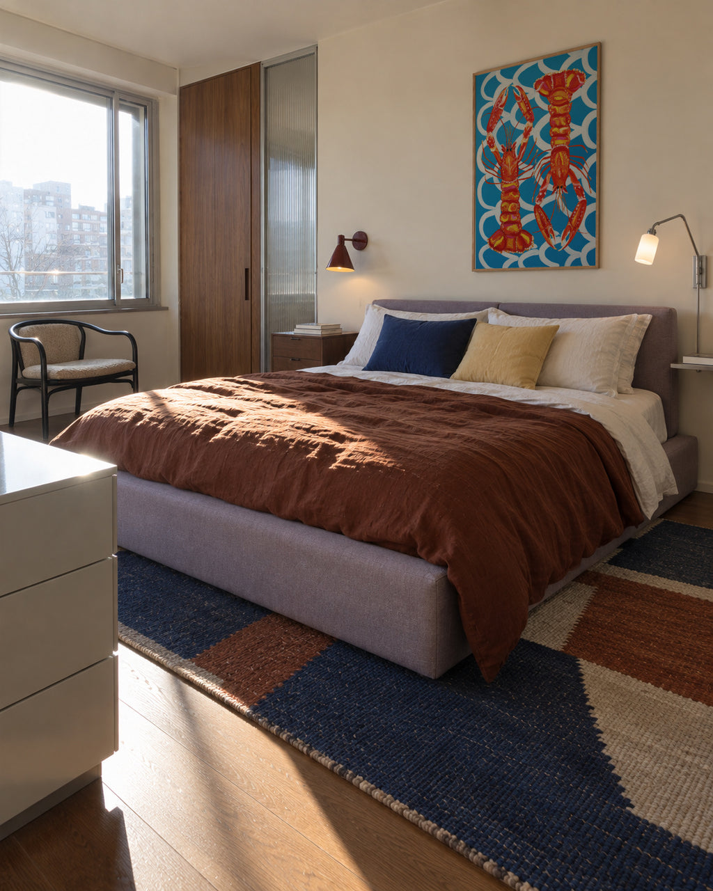 Langoustines On Blue - Framed poster in an interior