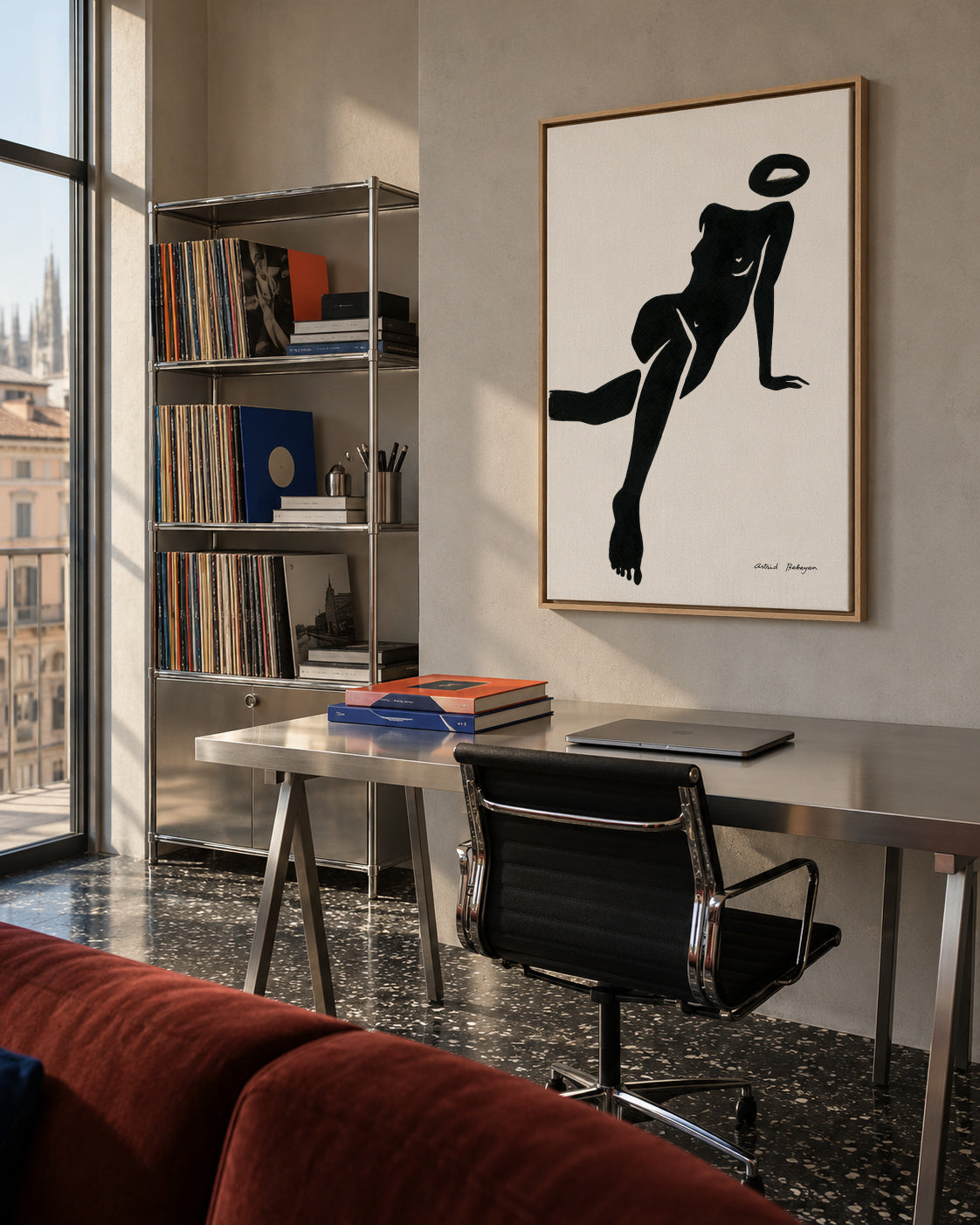 Black figure #1 - Framed canvas in an interior