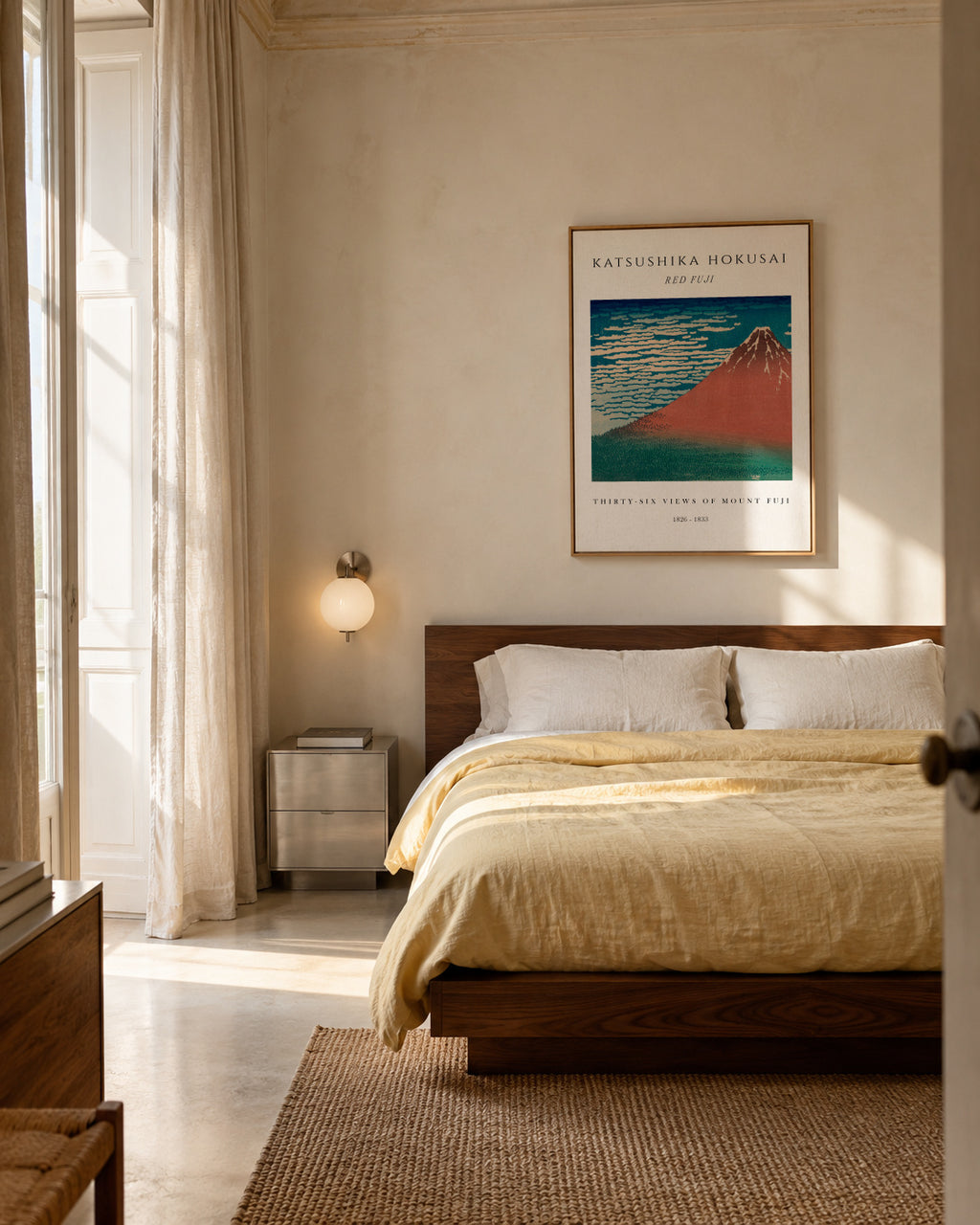 Red Fuji Exhibition White - Katsushika Hokusai - Framed canvas in an interior