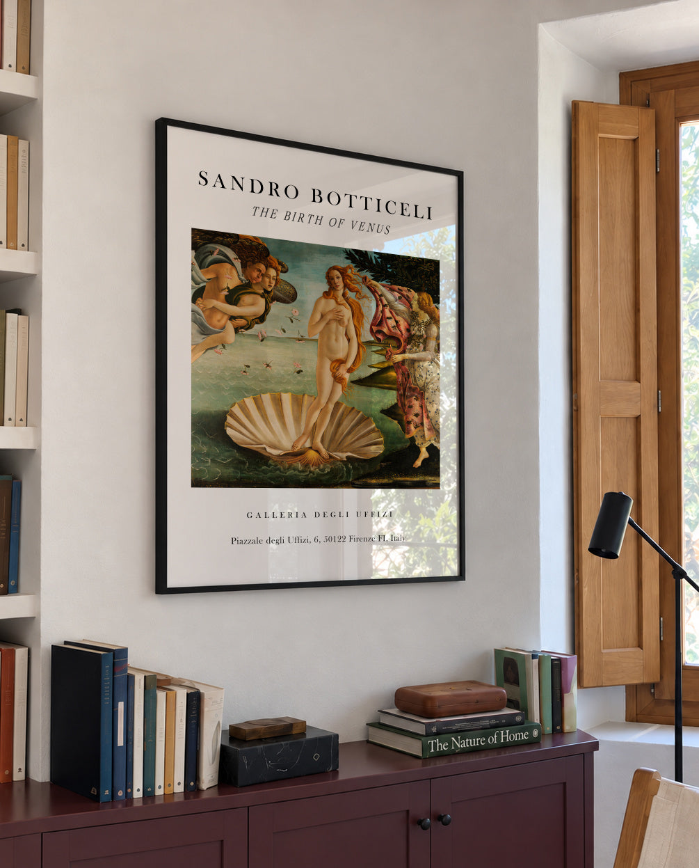 La Nascita di Venere Exhibition White - Sandro Botticelli - Framed poster in an interior