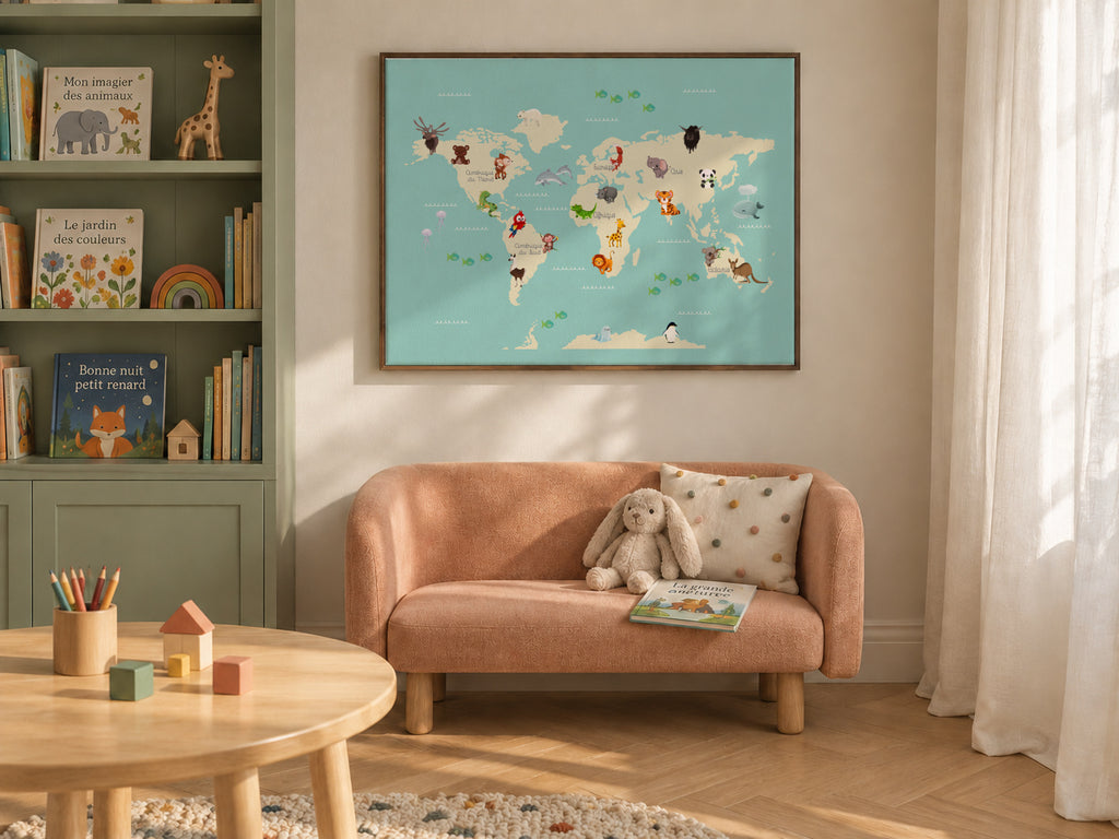 Le Monde des Animaux (french) - Framed canvas in an interior