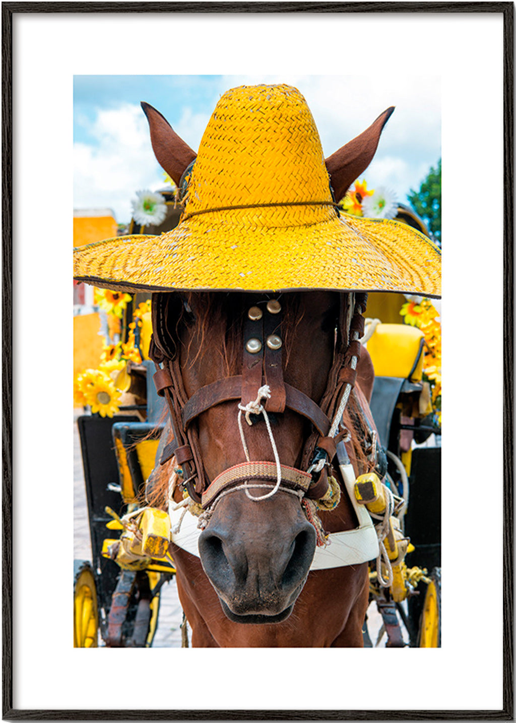 Horse portrait with yellow hat – Black Frame