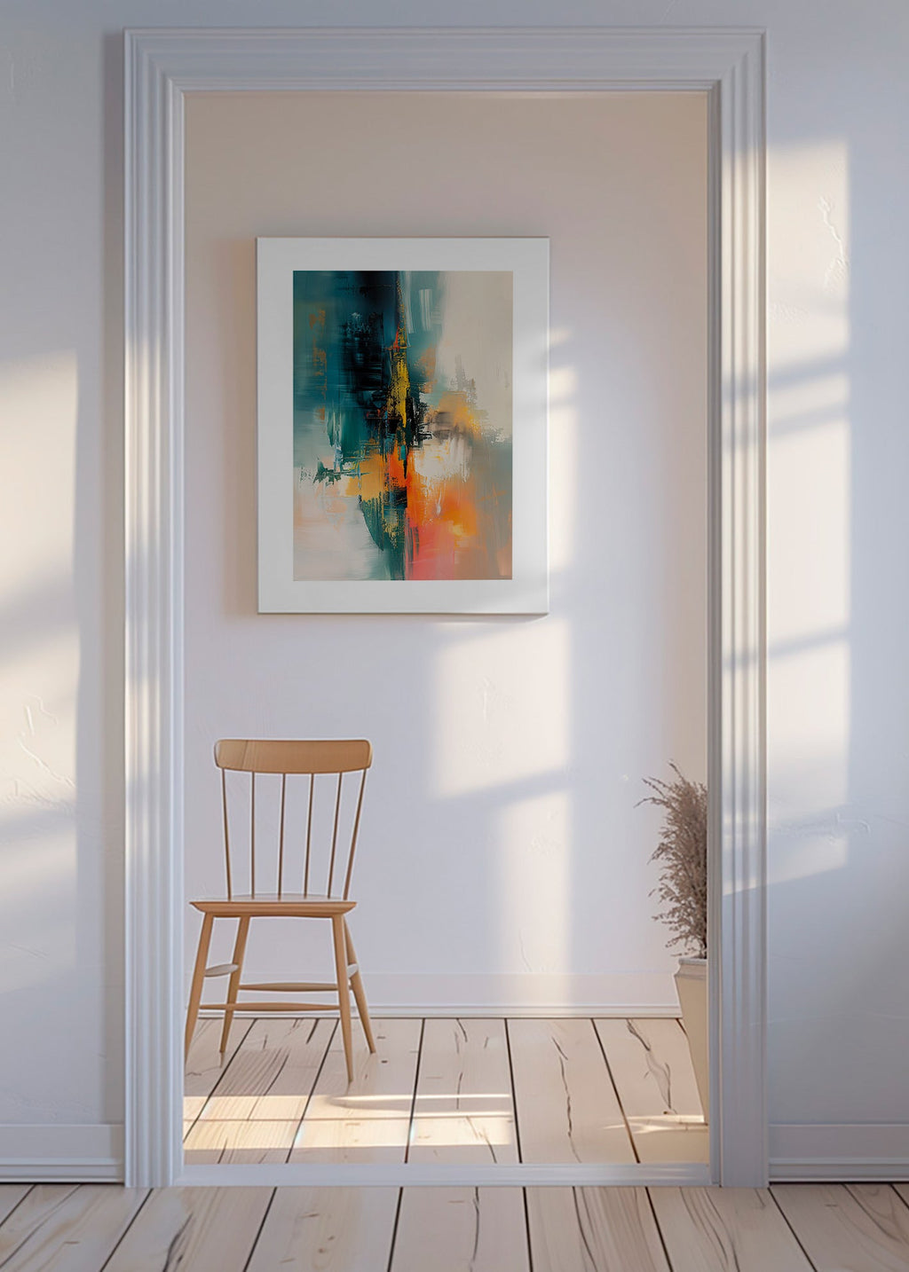 Abstract artwork vertical with blue and orange strokes – Canvas