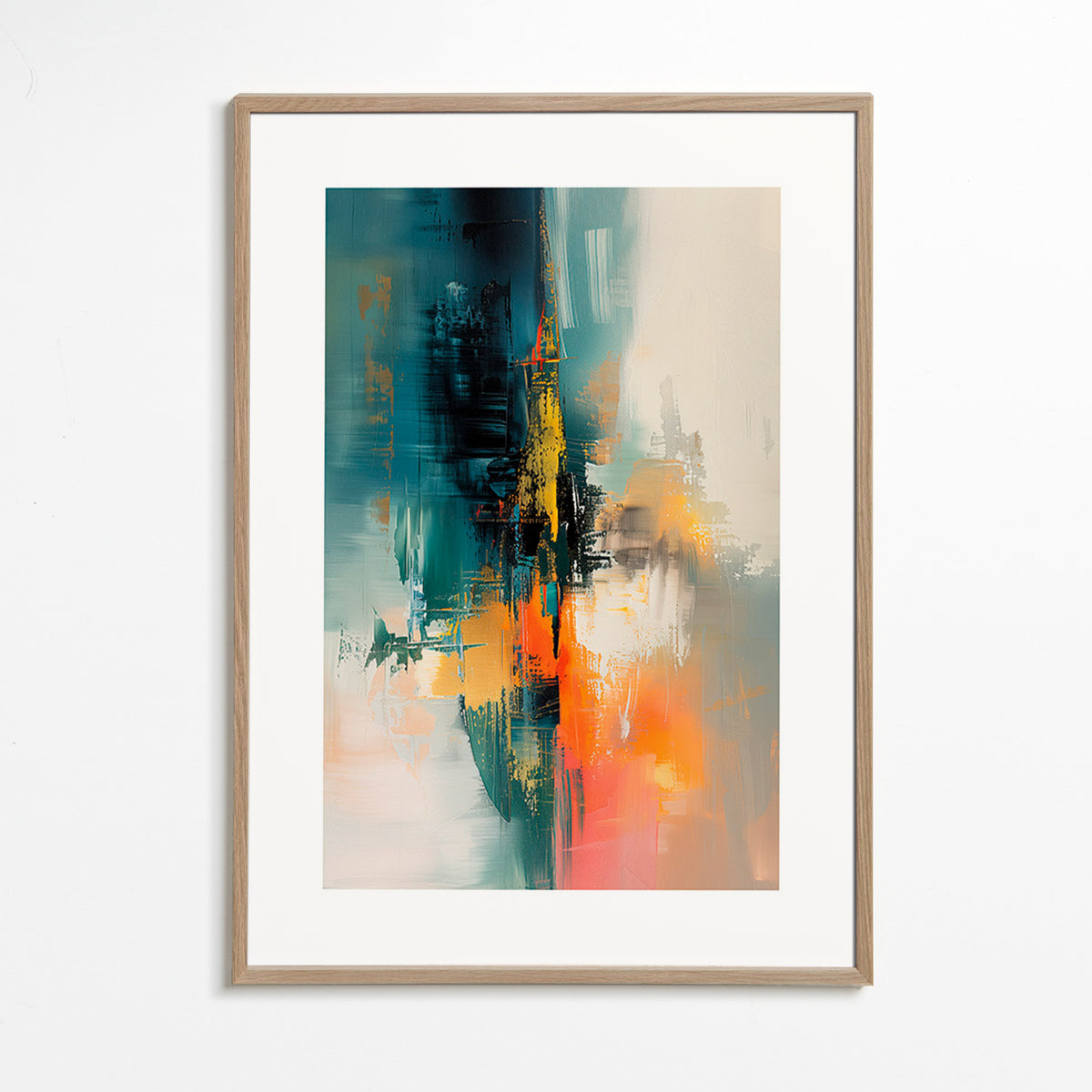Abstract artwork vertical with blue and orange strokes – Oak Frame