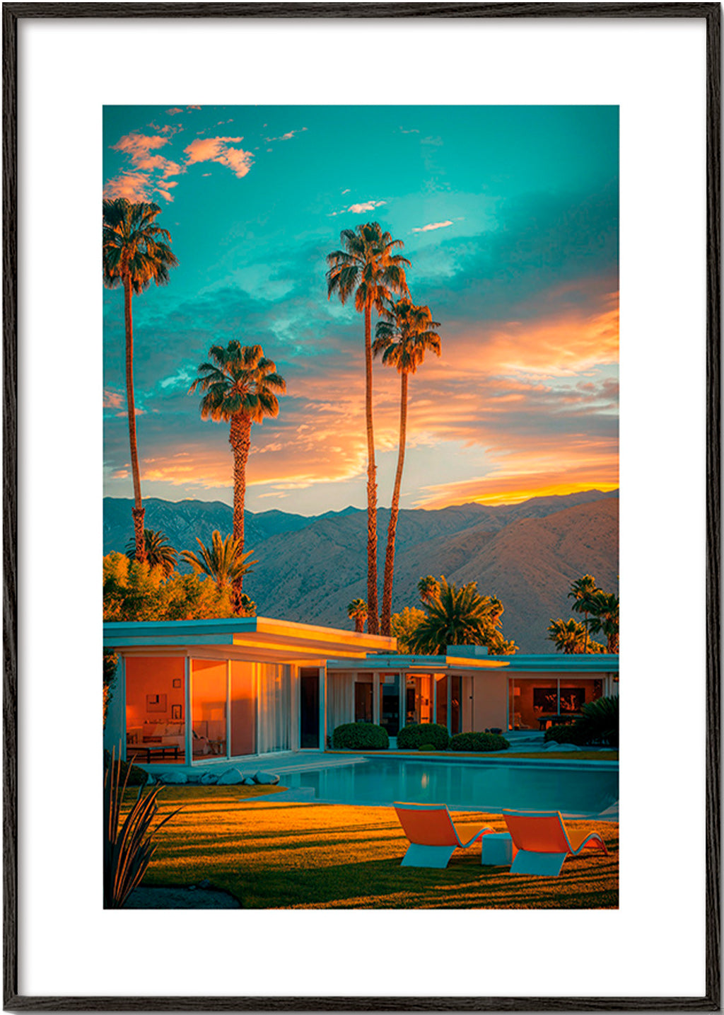 Landscape art: Palm Springs sunset with pool – Black Frame