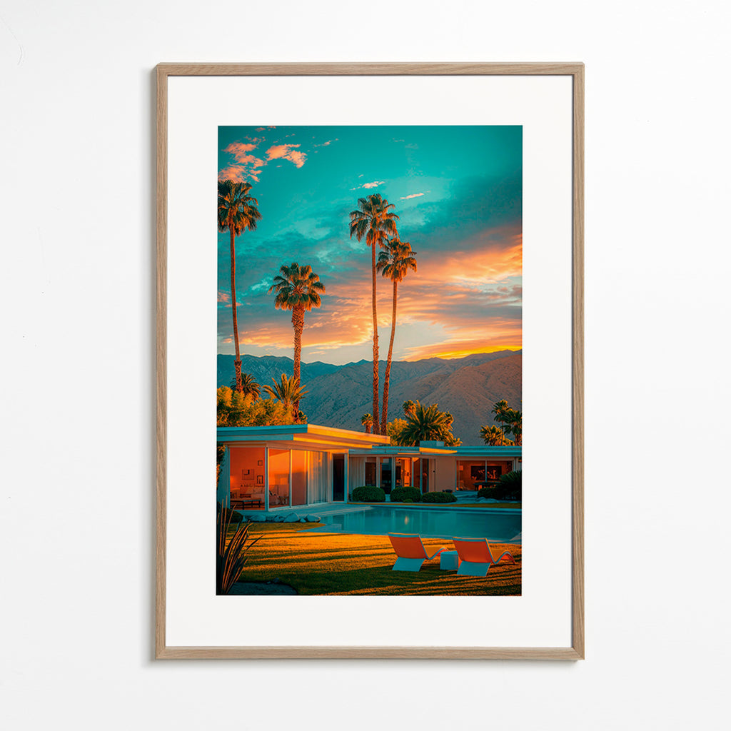 Landscape art: Palm Springs sunset with pool – Oak Frame