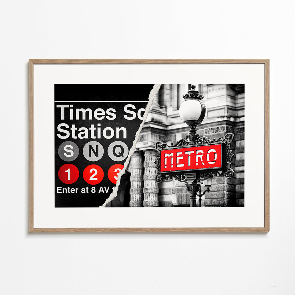 Travel poster with red Metro sign – Oak Frame
