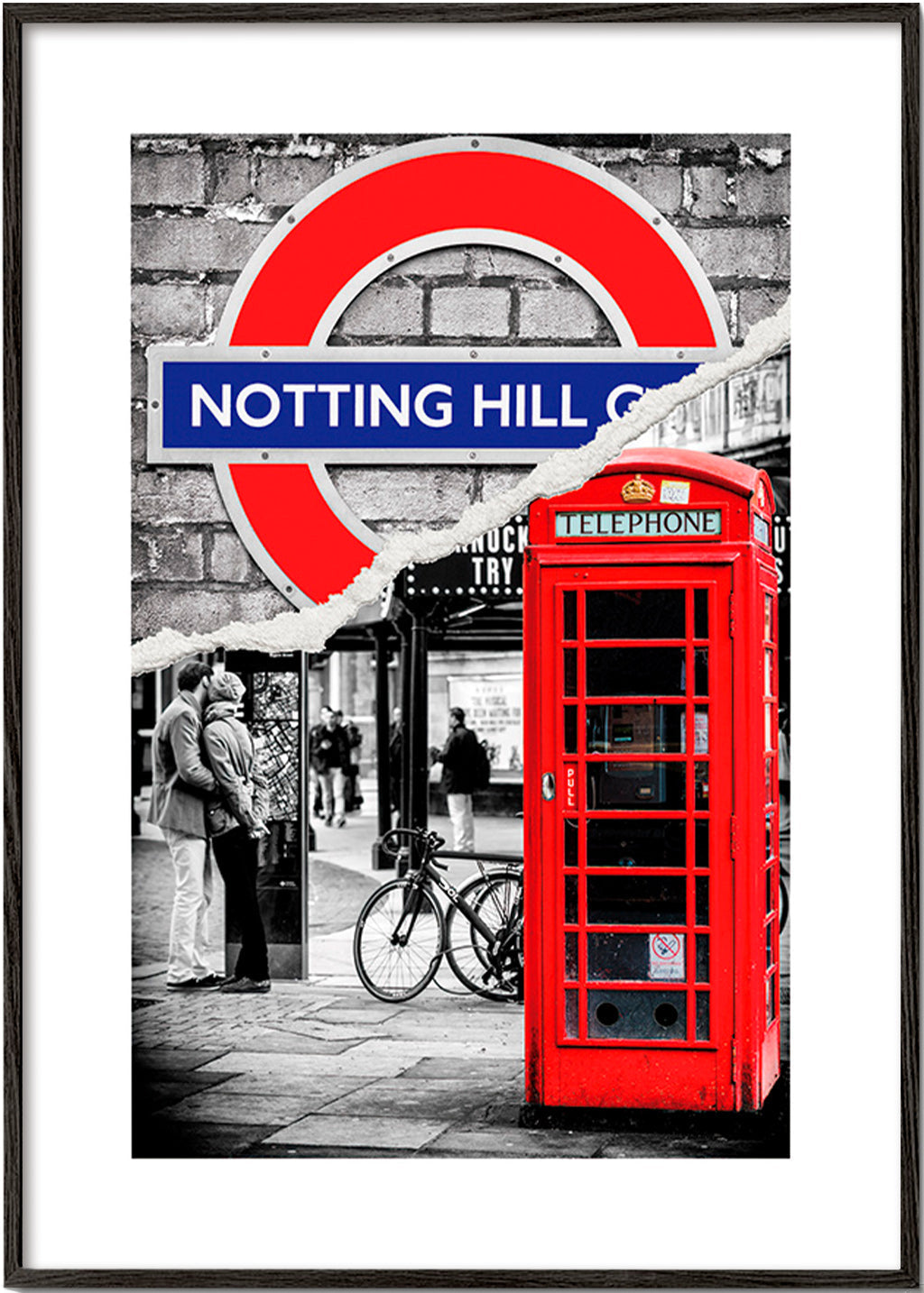 City art featuring a red phone box in Notting Hill – Black Frame