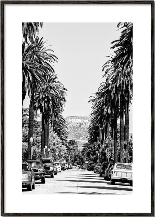 Travel poster: Hollywood palm street in black and white – Black Frame