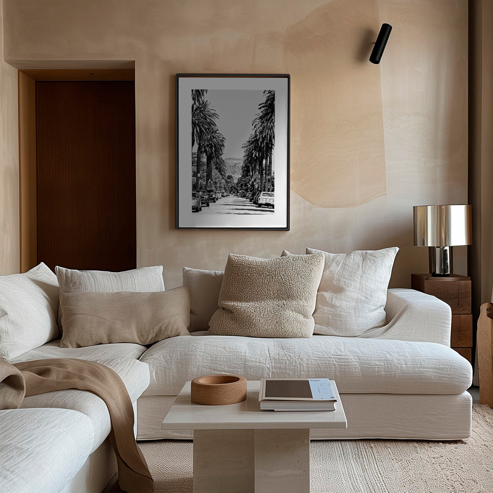 Travel poster: Hollywood palm street in black and white – Canvas1