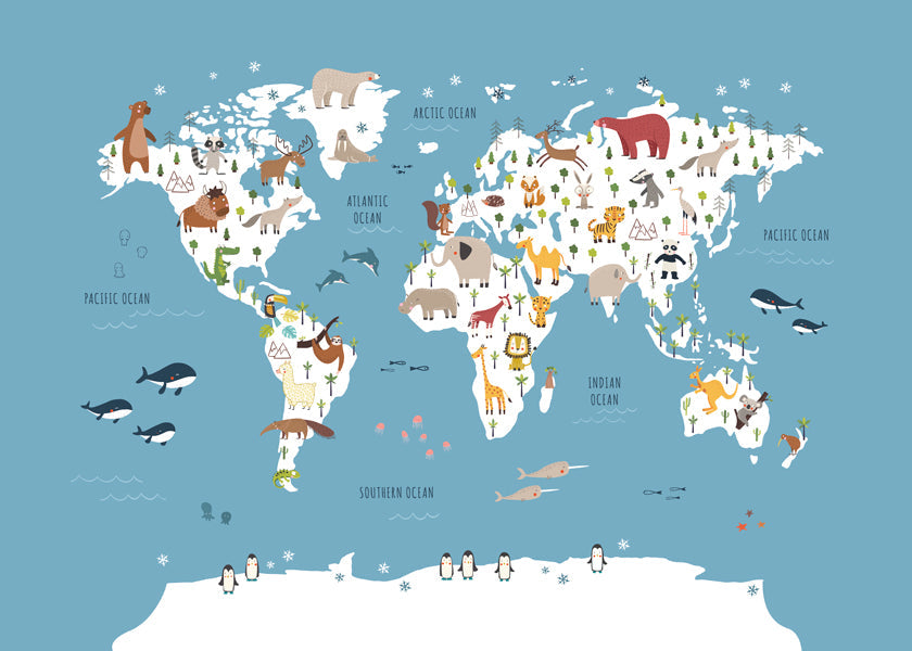 World Map with animals blue