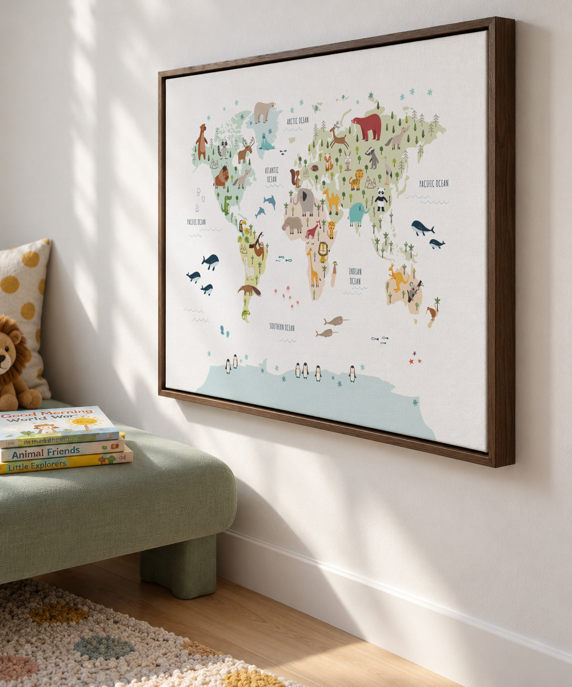 World Map with animals colours - Framed canvas in an interior