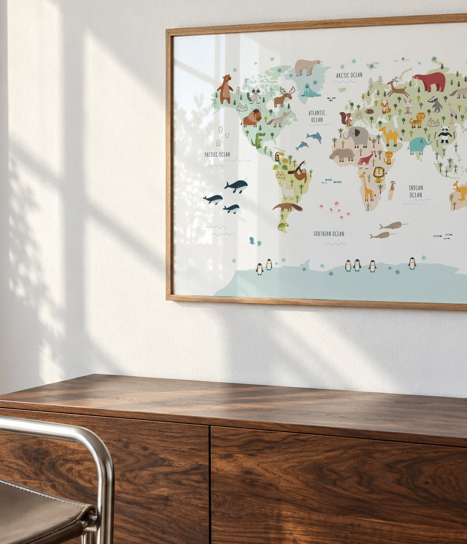 World Map with animals colours - Framed poster detail