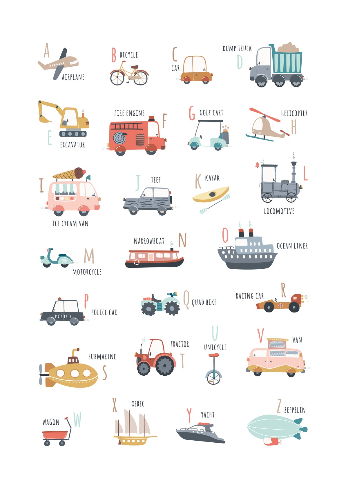Alphabet transports (English) - Unframed art print