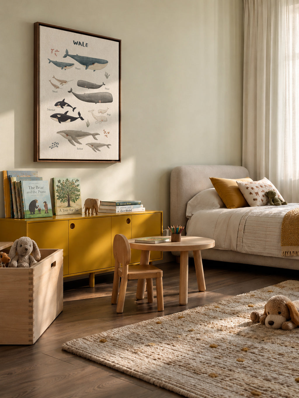 Ballenas fondo blanco (aleman) - Framed canvas in an interior