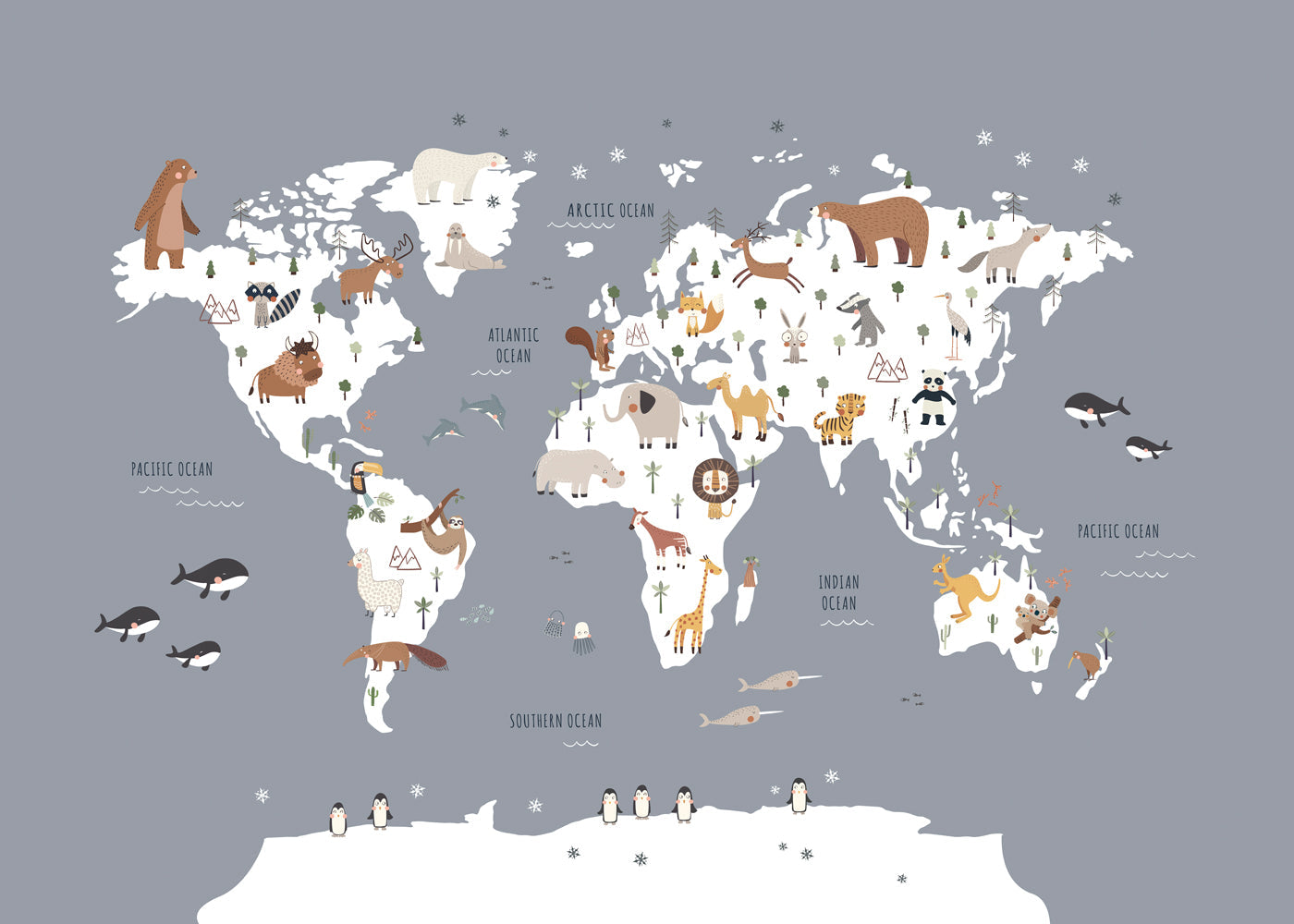 Mapa con animales azul cobalto