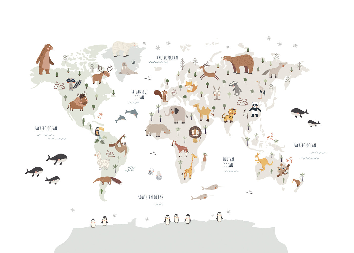 Mapa con animales colores neutros