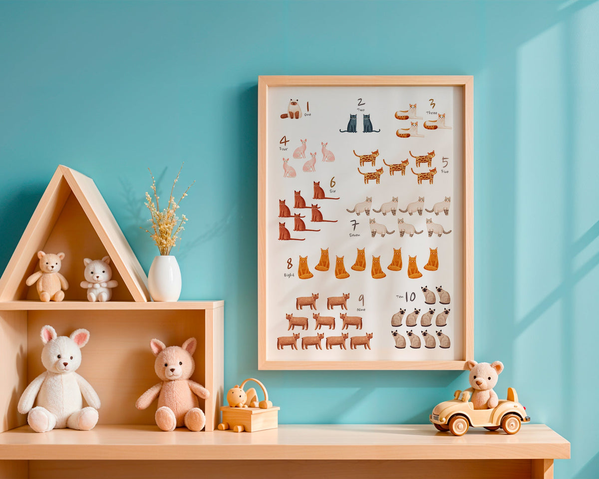 Children's print of numbers with illustrated cats