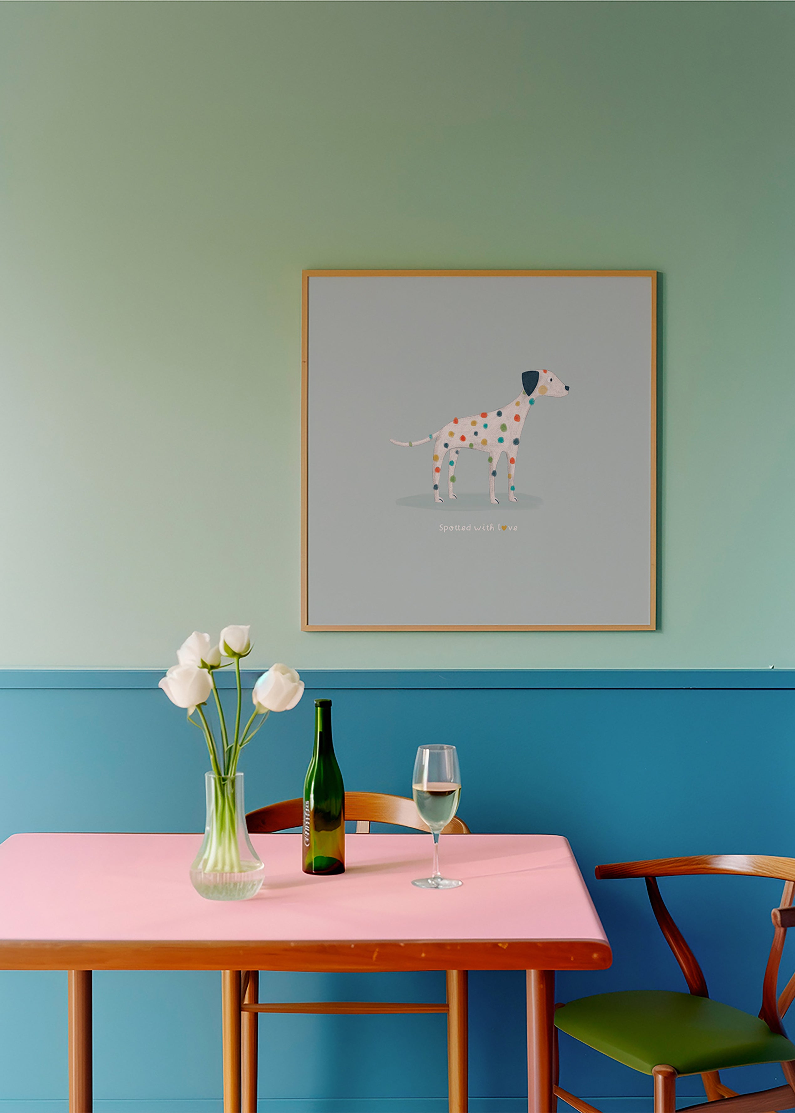 Dalmatian illustration with colorful spots
