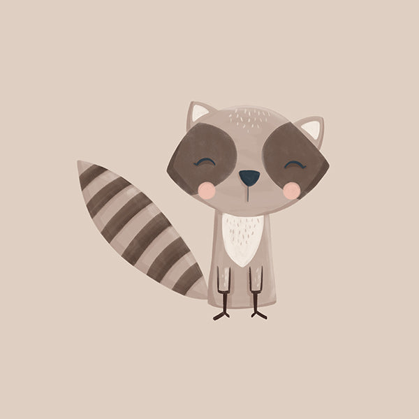 Kids print: smiling raccoon on beige backdrop