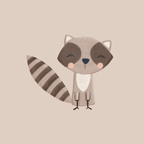 Kids print: smiling raccoon on beige backdrop