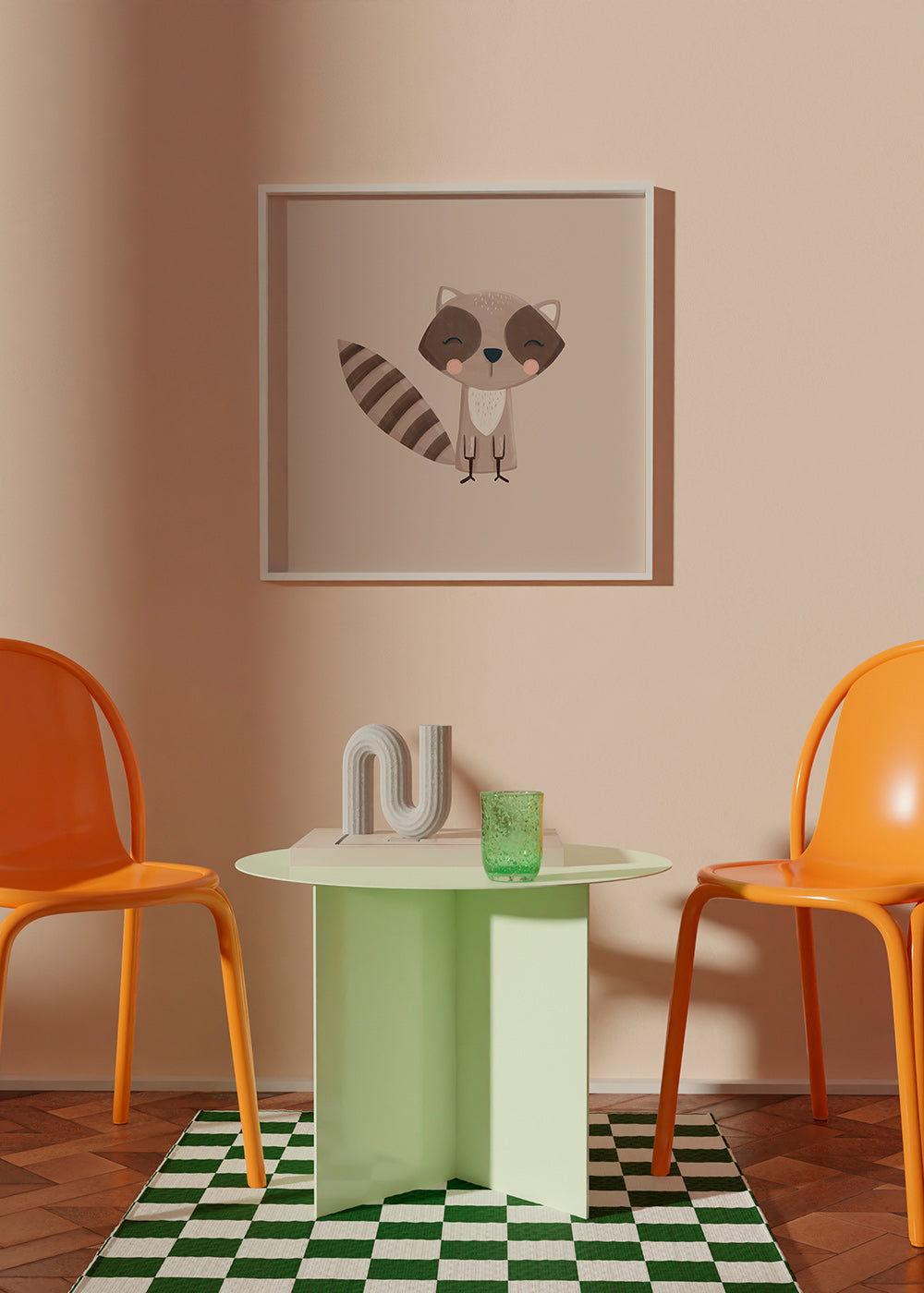 Kids print: smiling raccoon on beige backdrop