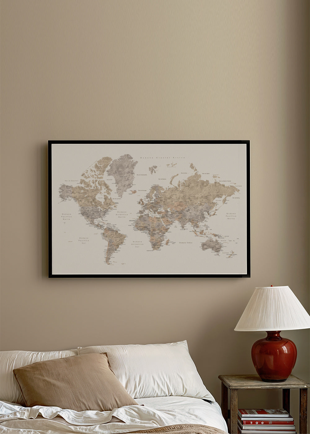 Detailed taupe watercolor world map with labels in Spanish, Abey - Framed poster in an interior