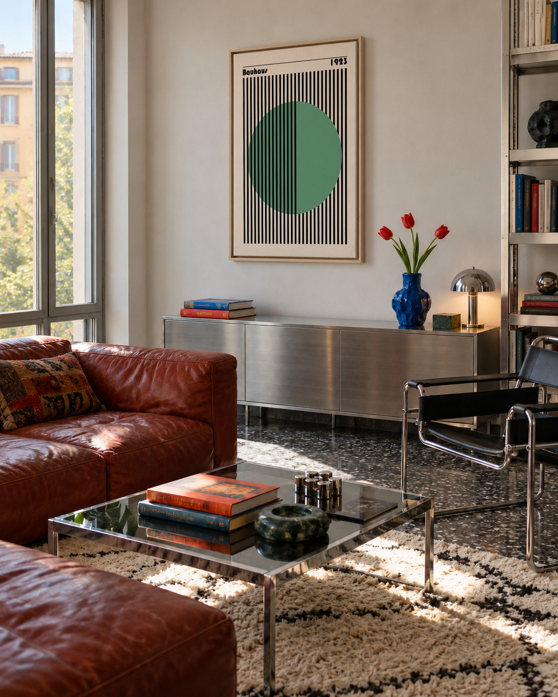 Bauhaus Green Circle - Framed canvas in an interior