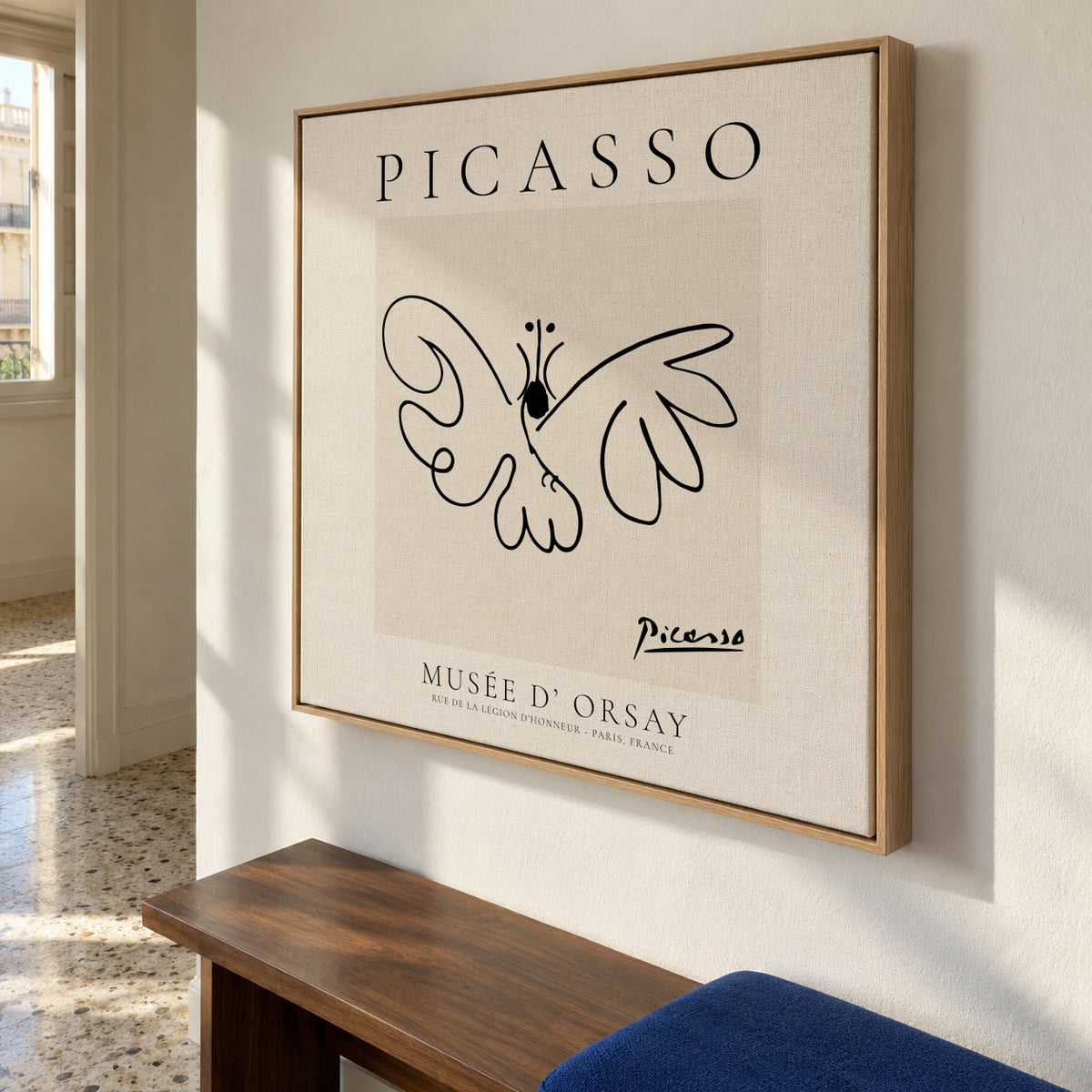 Pablo Picasso Animals Drawing butterfly II - Framed canvas in an interior
