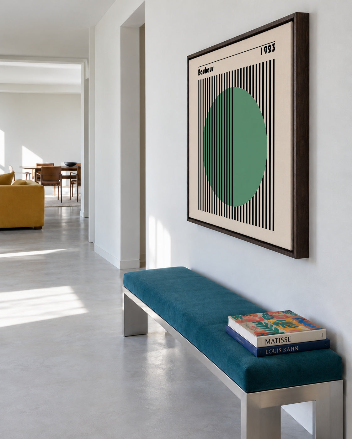 Bauhaus Green Circle II - Framed canvas in an interior