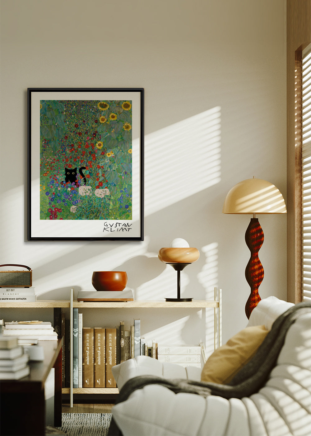 Gustav Klimt Garden Cat Print - Framed canvas in an interior
